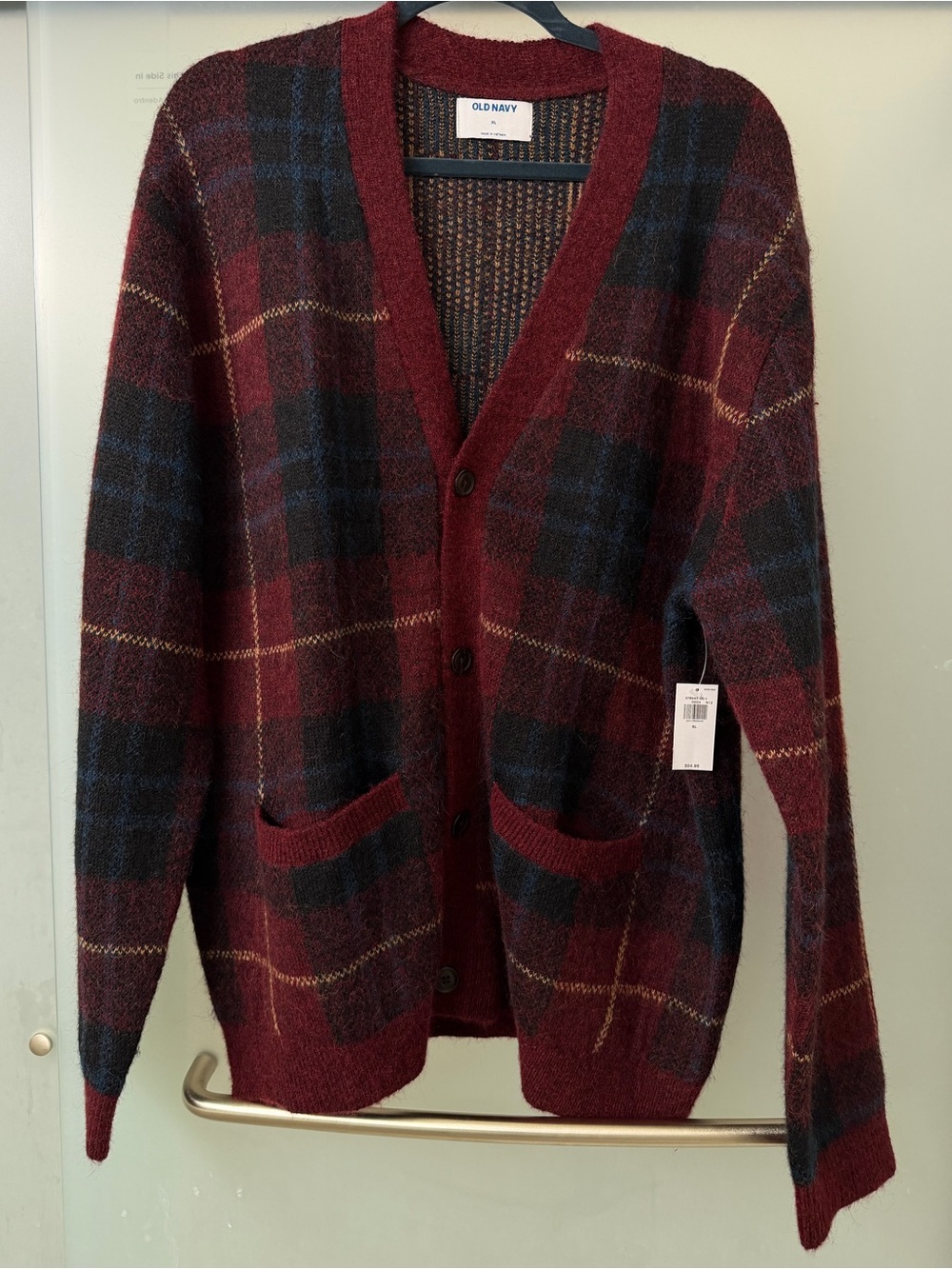 Old Navy Men's Burgundy Navy Plaid Button-Front Cardigan